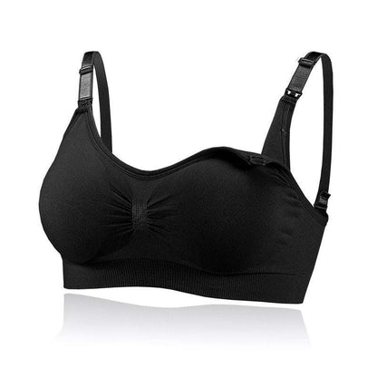 Black unwired push-up nursing bra for pregnant women, seamless design.