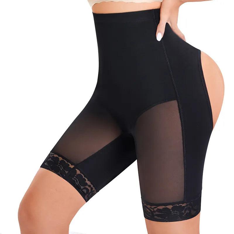 Body shaping butt-lift underwear with hollow design in black.