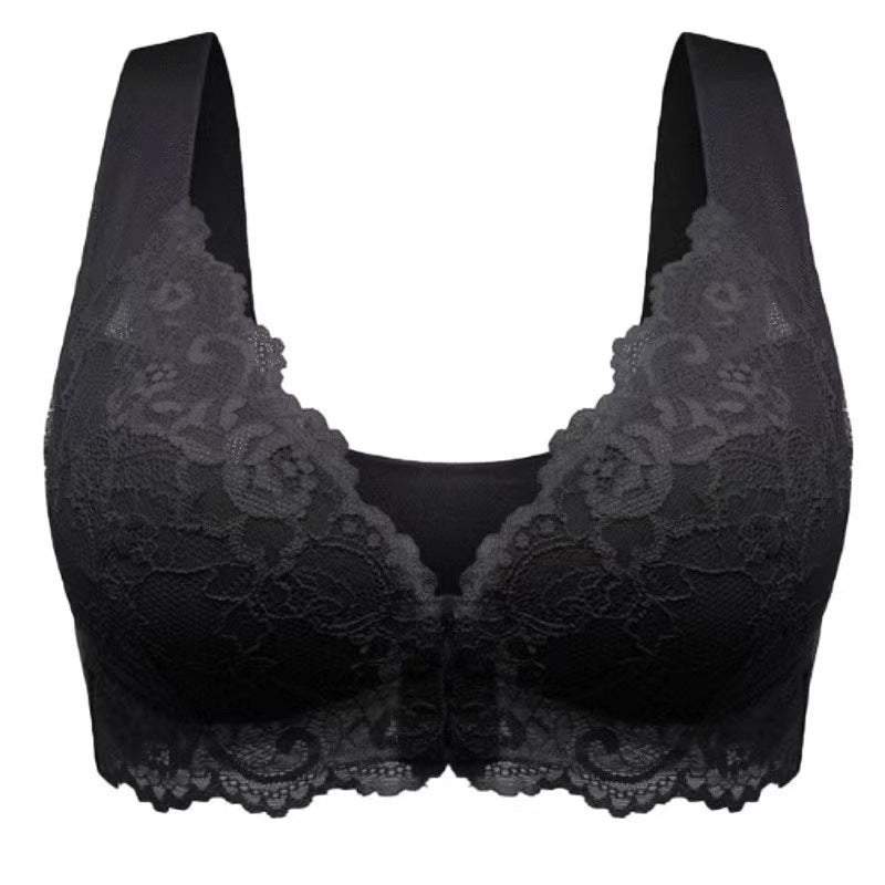 Plus size black lace push-up bra with breathable, adjustable straps for women.