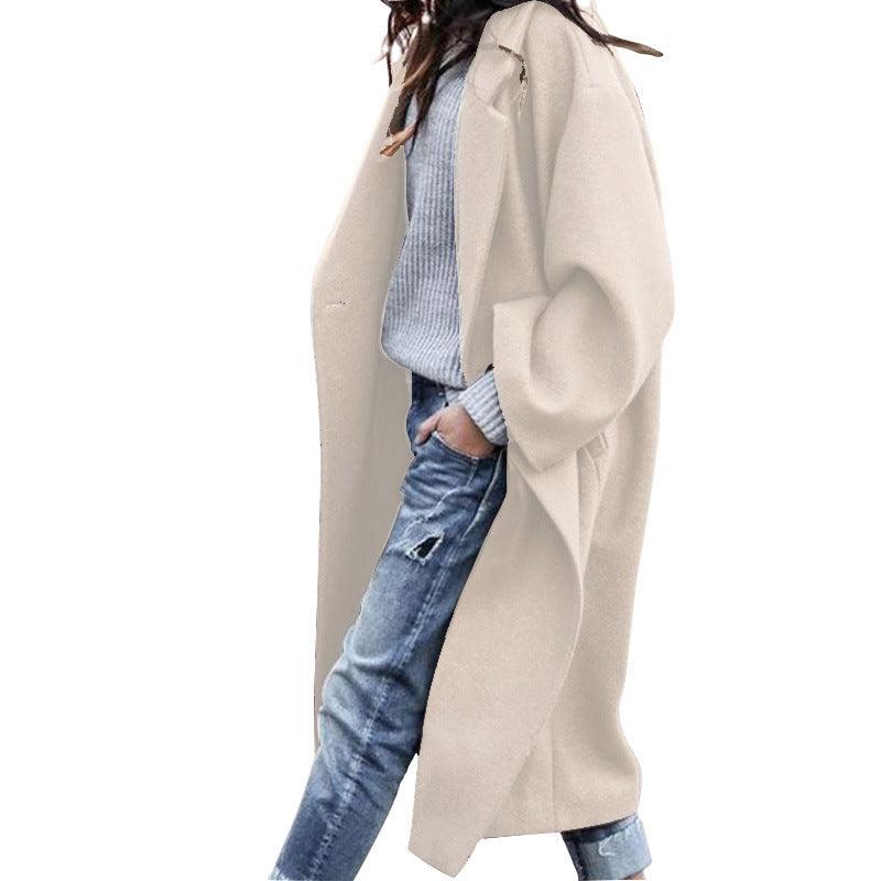 Casual Long Jacket With Pockets Solid Color Single Breasted Lapel Woolen Coat For Women Warm Winter Clothing - Fashion-booth