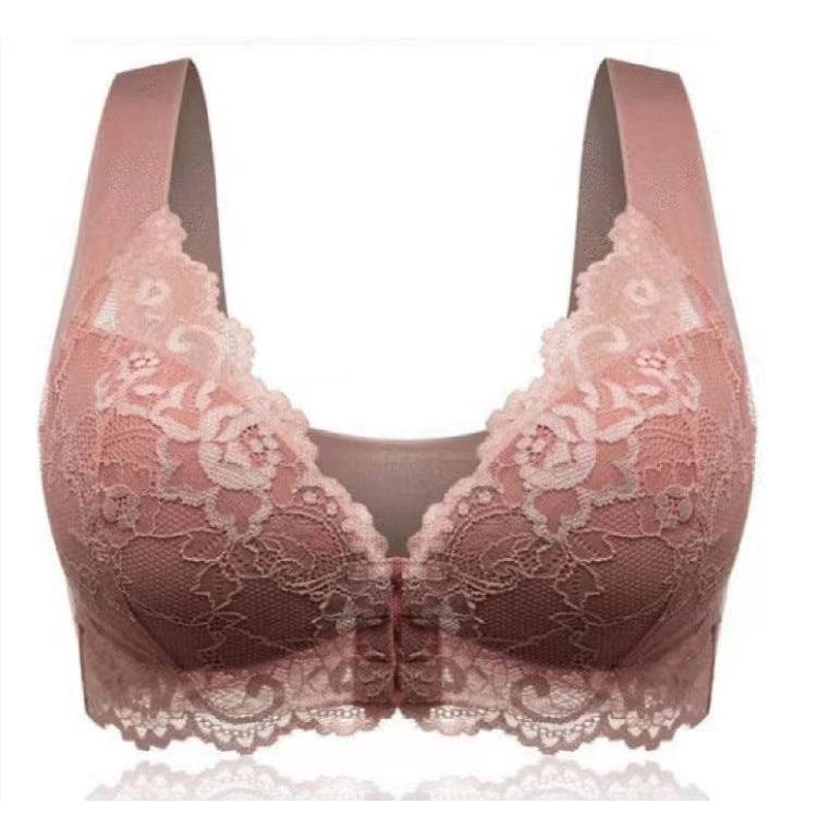 Plus size pink lace push up bra with fixed double-shoulder strap, breathable nylon fabric.