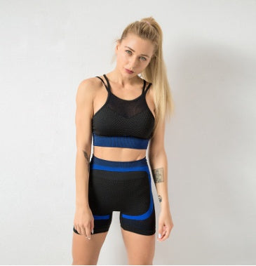 Two-piece set yoga sets women gym clothes in black and blue, comfortable polyester fabric.