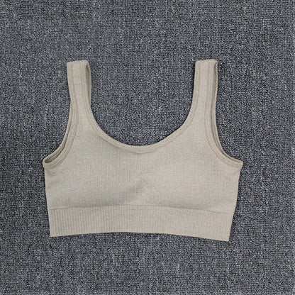 Professional sports seamless fitness bra for women, vest style, nylon fabric, beige color.