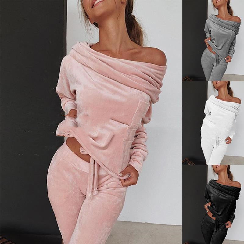 Autumn plush two-piece off the shoulder outfit in pink, gray, white, and black.