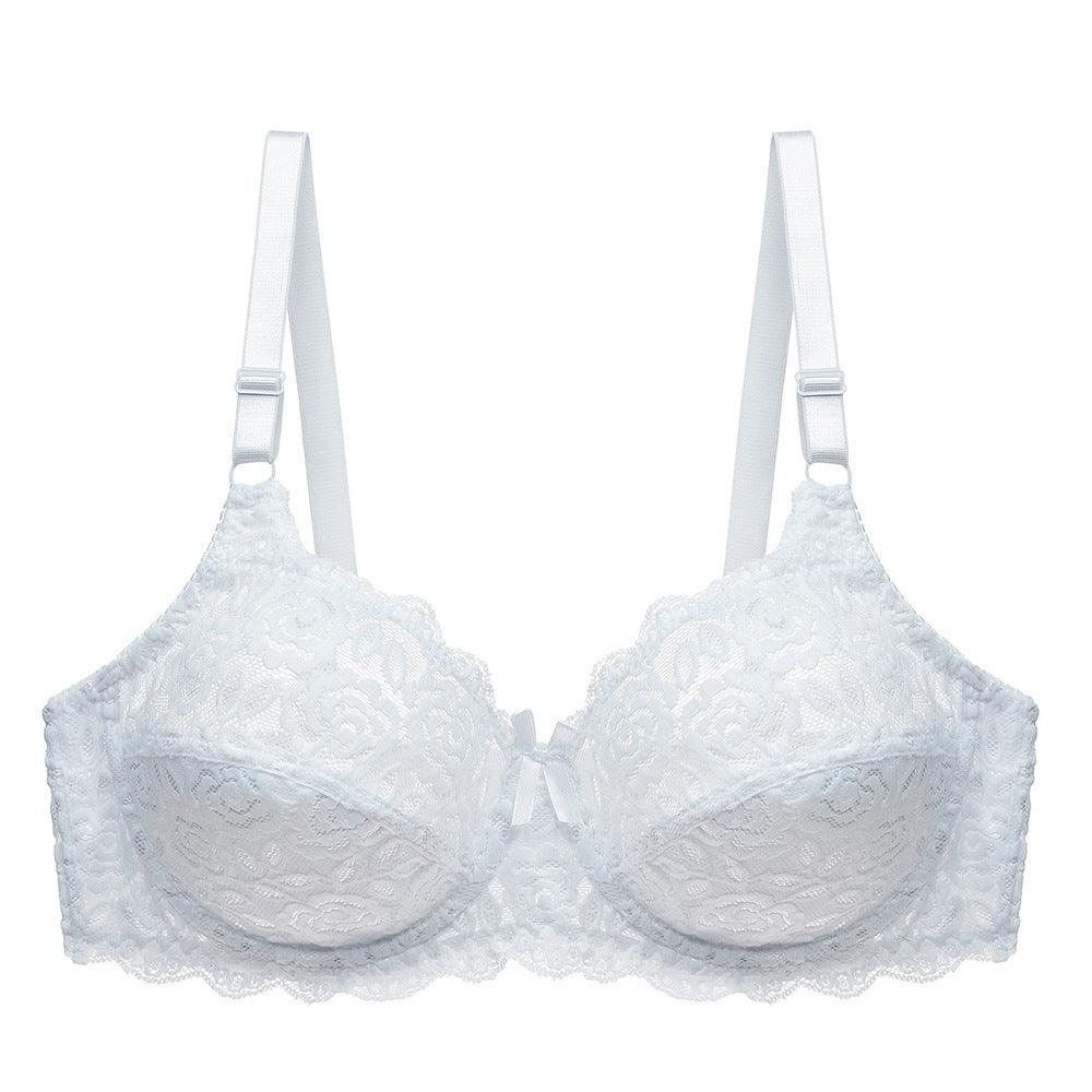 Lace bra gathered for breathable fit with white design.