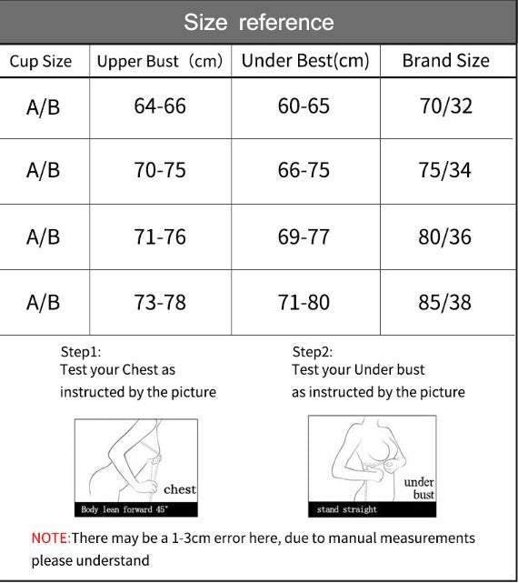 Size reference chart for seamless push-up bras, detailing cup sizes, upper bust, under bust measurements, and brand sizes.