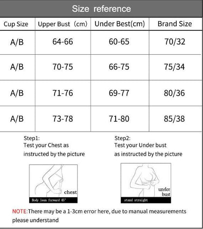 Size reference chart for seamless push-up bras, detailing cup sizes, upper bust, under bust measurements, and brand sizes.