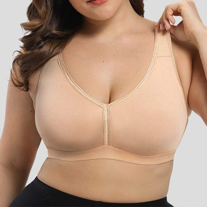 Women full cup large size bra made of cotton, showcased on a model.