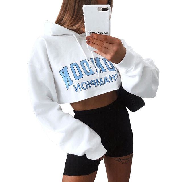 Explosion Style Autumn Long-Sleeved Hoodie Women Crop Top White Explosion Style Autumn Long-Sleeved Hoodie Women Crop Top White Fashion-booth