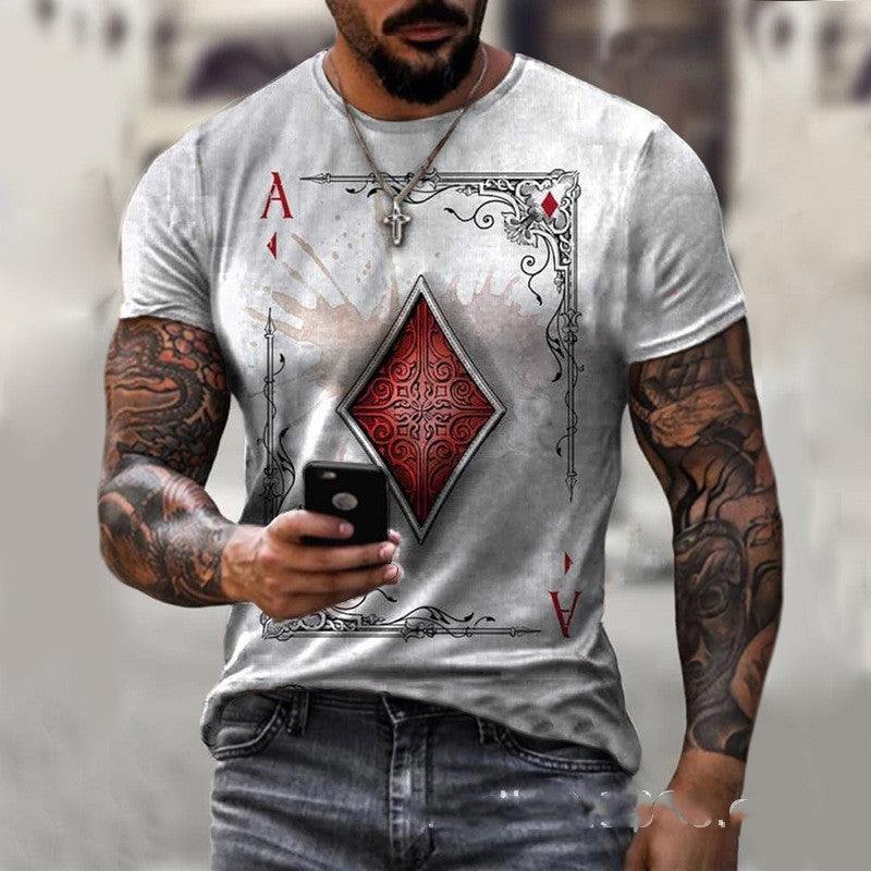 Playing card printing men's T-shirt in white with red diamond pattern, short sleeves, and comfortable fit.
