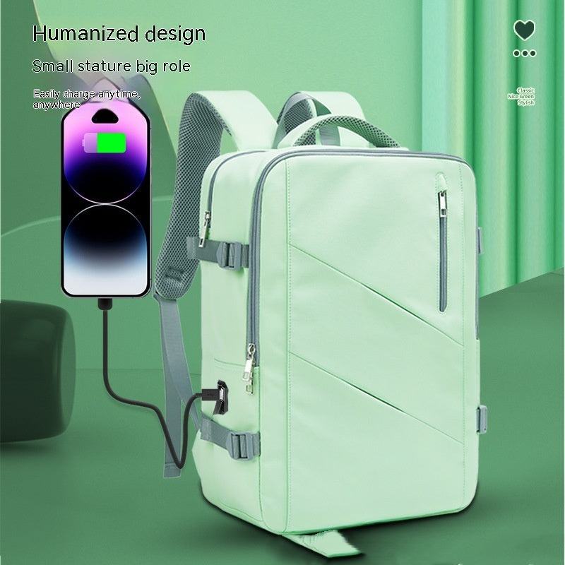 Simple large capacity travel bag backpack for women, featuring soft nylon material, waterproof design, and USB charging port. Ideal for leisure travel.