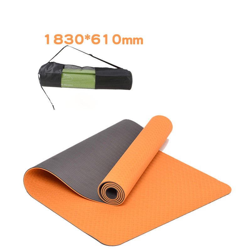 Non-slip TPE yoga mat with carrying bag, 1830x610mm size, orange and gray.