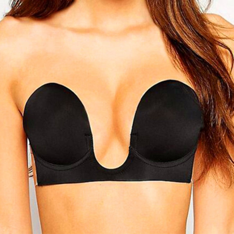 Adhesive strapless bandage stick gel silicone push up bra in black.