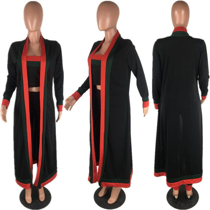 Casual tracksuit women clothes 3 piece sets in black with red and green accents, high-quality polyester.