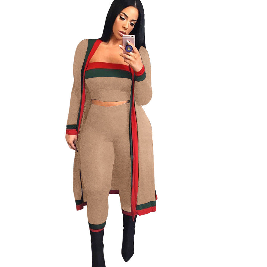 Casual tracksuit women clothes 3 piece set in beige and red, high-quality polyester.