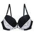 Lace push up bra with black and white floral design, adjustable straps, and thick mold cup.