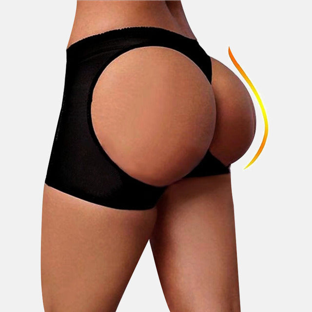 Women body shaping mesh butt-lift underwear, black, ultra-thin nylon, adjustable hip lift.