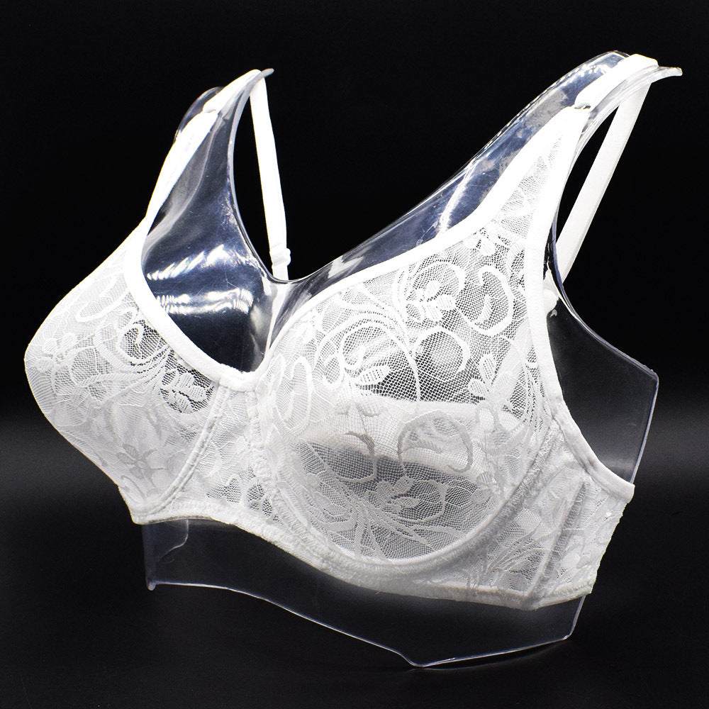 Plus size lace bra in white with underwire, featuring hollow out design and fixed straps.