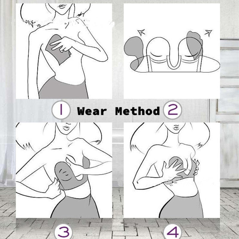 Application method for adhesive strapless bandage stick gel silicone push-up bra.