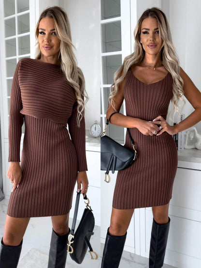 2pcs Suit Women's Solid Stripe Long-sleeved Top And Tight Suspender Skirt Fashion Autumn Winter Slim Clothing - Fashion-booth