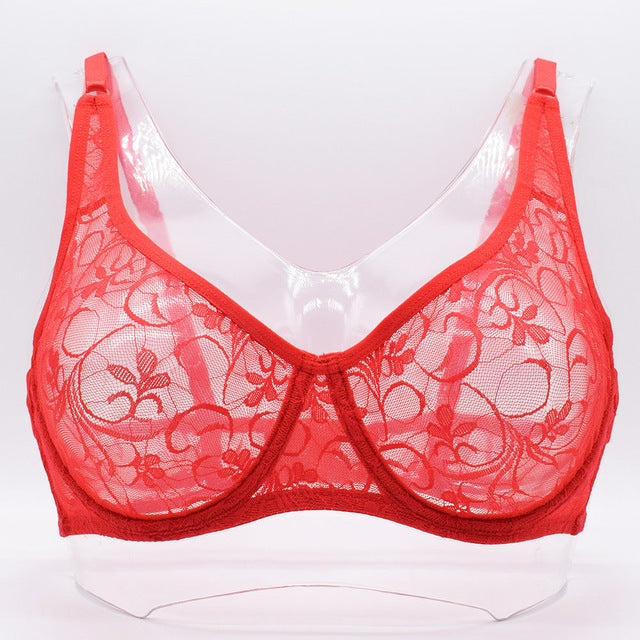 Plus size red lace underwired bra for women, fixed shoulder straps, hollow design.