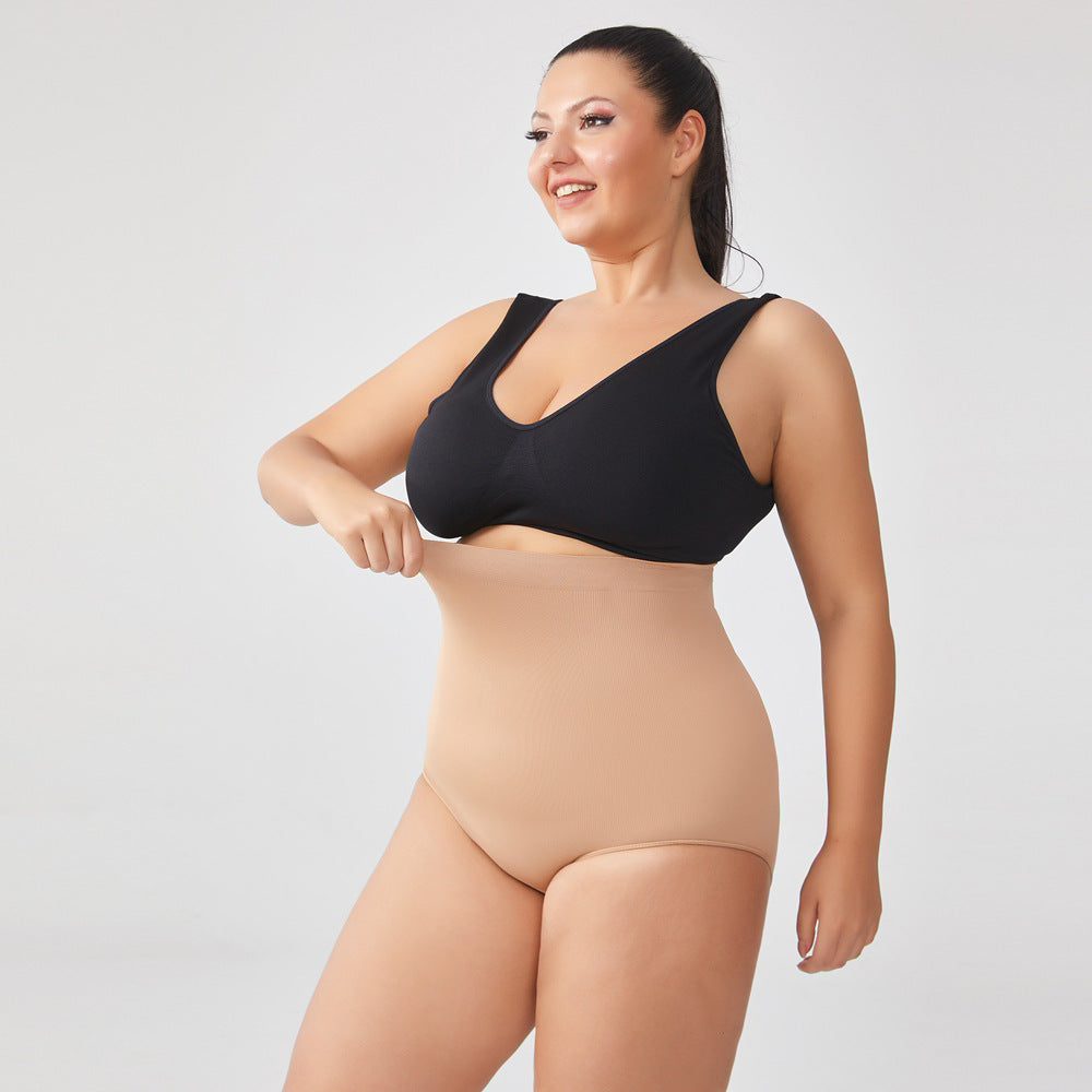 High waisted body shaping underwear in skin color, seamless design, hip lifting.