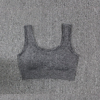 Professional sports seamless fitness bra in gray for women, nylon blend, vest style.