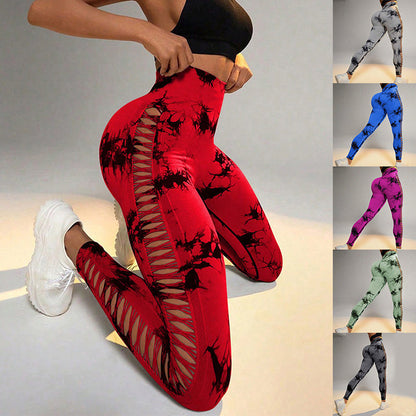 Hollow tie dye printed yoga pants in various colors, featuring high waist, butt lift, and seamless design for women.