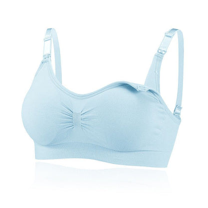 Unwired seamless push up nursing bra in blue for pregnant women, available in multiple sizes.