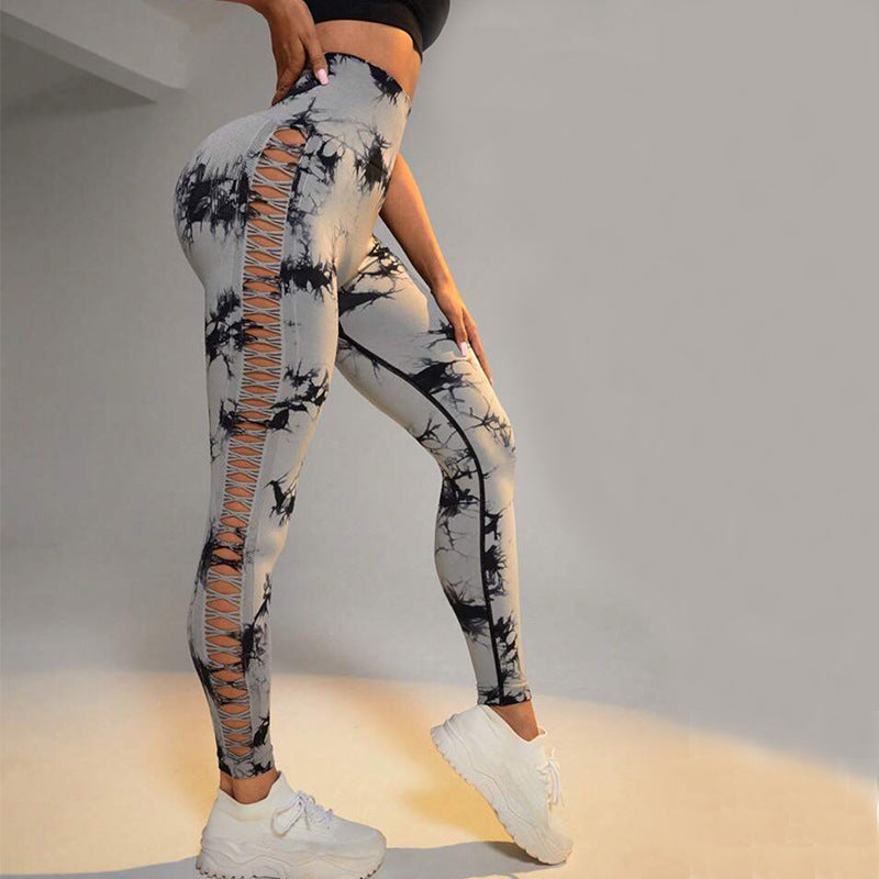 Hollow tie dye printed yoga pants, high waist, seamless butt lift design, fashion leggings for women.