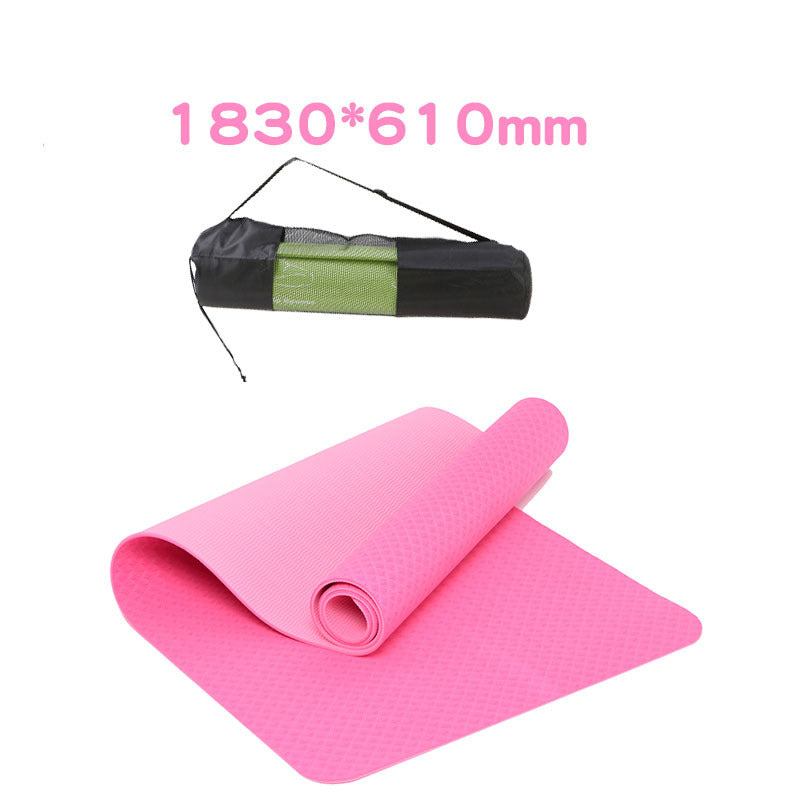 Pink non-slip TPE yoga mat with carry bag, 6mm thick, lightweight and portable.