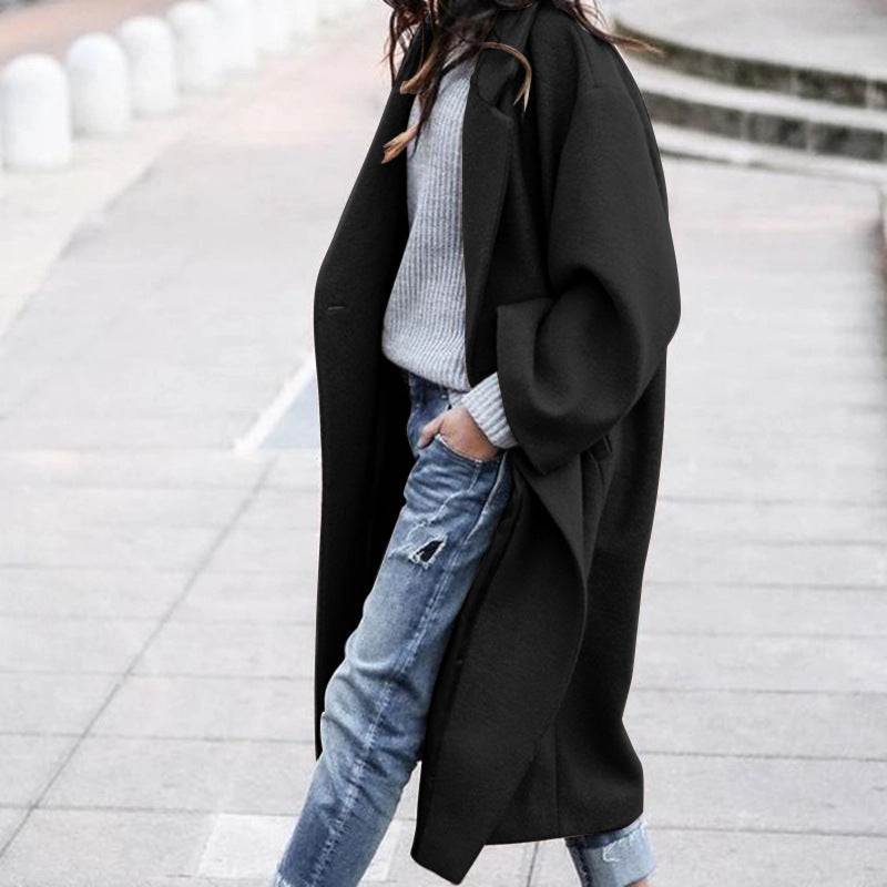 Casual Long Jacket With Pockets Solid Color Single Breasted Lapel Woolen Coat For Women Warm Winter Clothing - Fashion-booth
