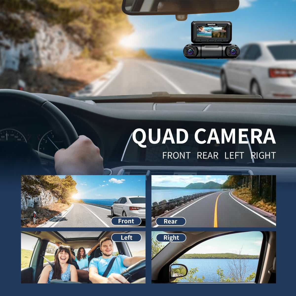 Hainatech 360 Degree View 4 Channel Dash Cam Front And Rear Inside Left Right, Dash Camera For Cars, Built-in GPS WiFi Night Vision, 24 7 Recording Parking Mode Monitor, Free 128G Card - Fashion-booth