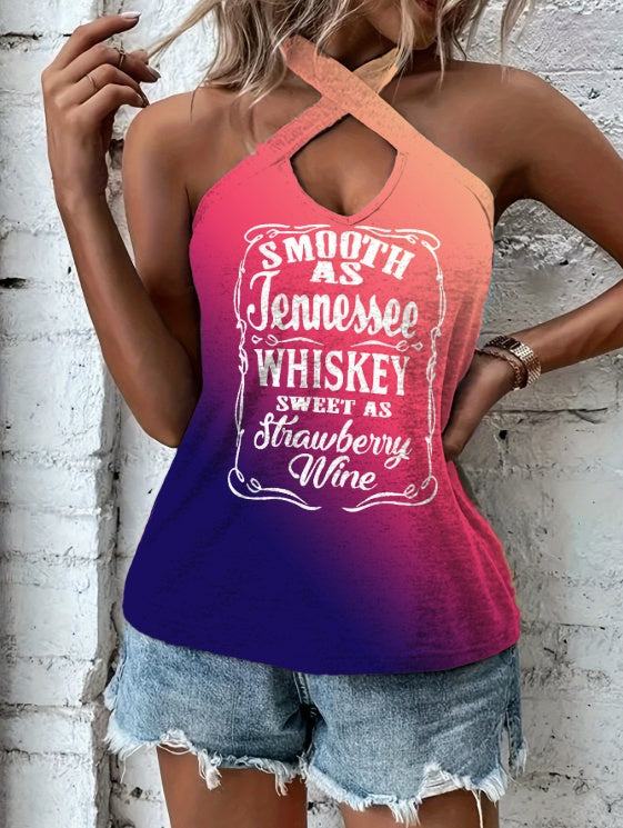 Ladies' hollowed out hanging neck cross printed casual camisole vest, sleeveless summer top.
