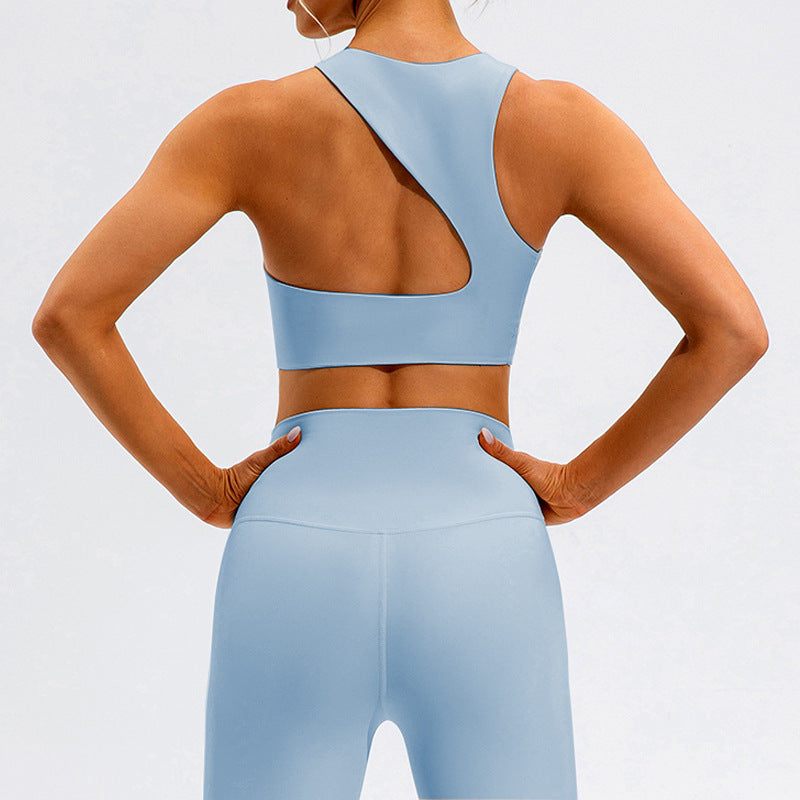 Shockproof yoga push up sports bra in sky blue, fixed double-shoulder strap, nylon fabric.