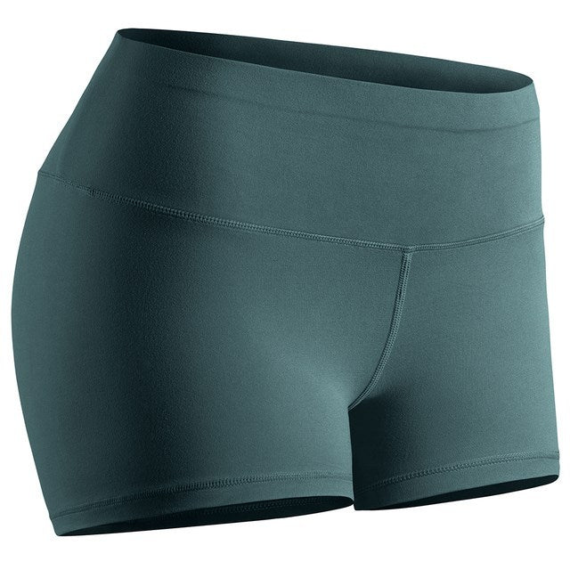 Women seamless biker shorts in dark green, nylon polyester blend, sports style.