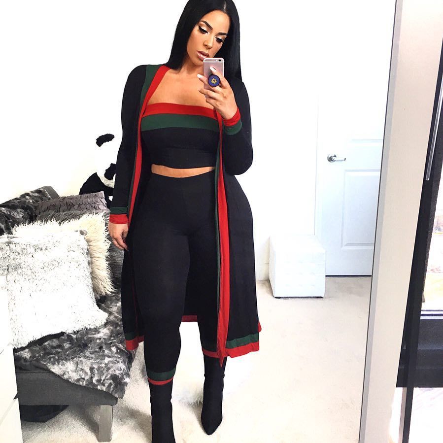 Casual tracksuit women clothes 3 piece set with black, red, and green design.