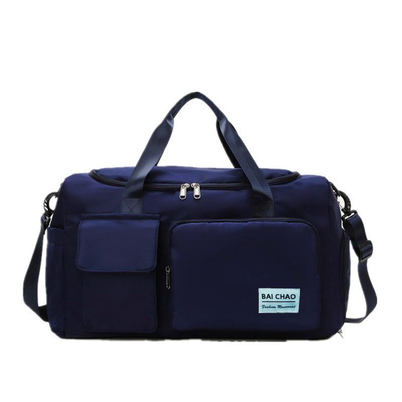 Large-capacity water-repellent short-distance travel bag, navy blue, nylon material, three straps, soft handle.