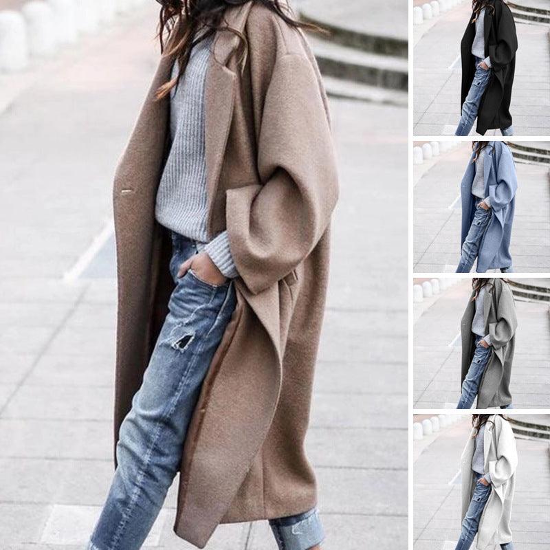 Casual Long Jacket With Pockets Solid Color Single Breasted Lapel Woolen Coat For Women Warm Winter Clothing - Fashion-booth