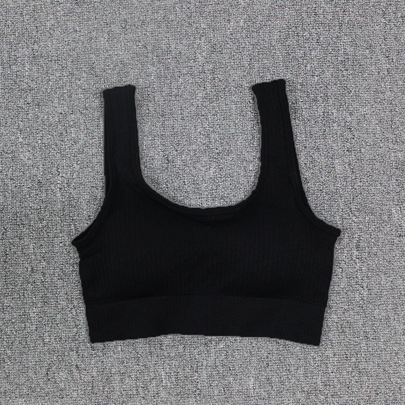 Black seamless fitness bra for women, vest style, with fixed double shoulder straps.