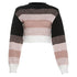 Striped knit sweater with black, pink, and white bands.