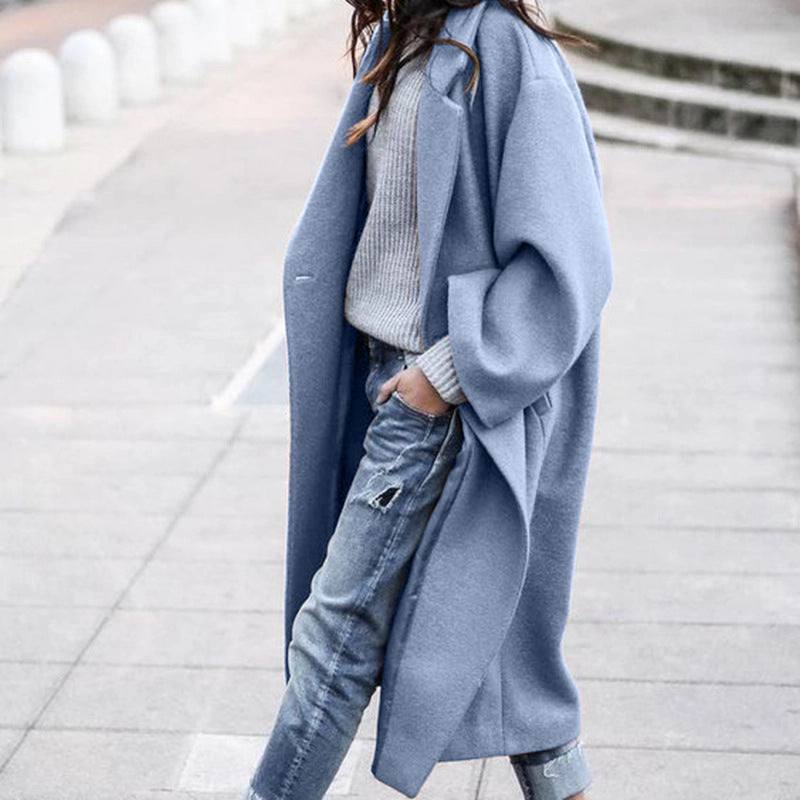 Casual Long Jacket With Pockets Solid Color Single Breasted Lapel Woolen Coat For Women Warm Winter Clothing - Fashion-booth