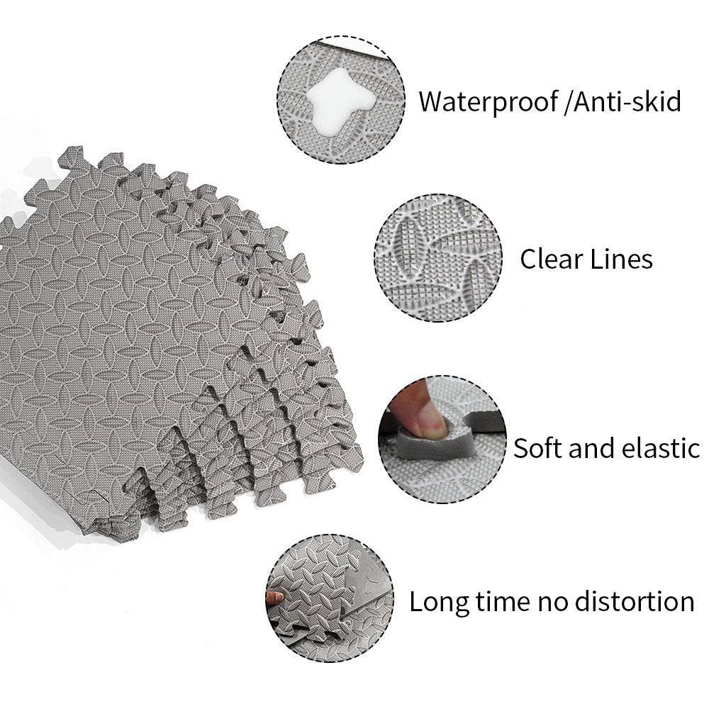 Home splicing gym cushioning floor mat, gray black EVA foam, anti-skid, soft and elastic, 30x30cm, 12 pieces.