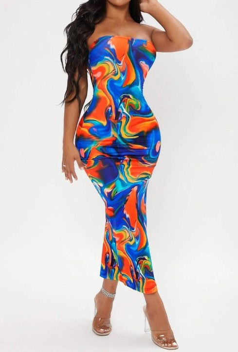 Ladies' Printed Strapless Side Slit Slim Fit Dress With Slimming Effect And Hip Hugging Design - Fashion-booth