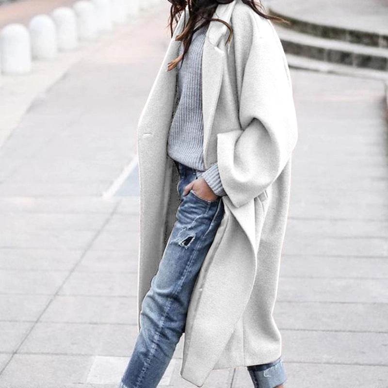 Casual Long Jacket With Pockets Solid Color Single Breasted Lapel Woolen Coat For Women Warm Winter Clothing - Fashion-booth