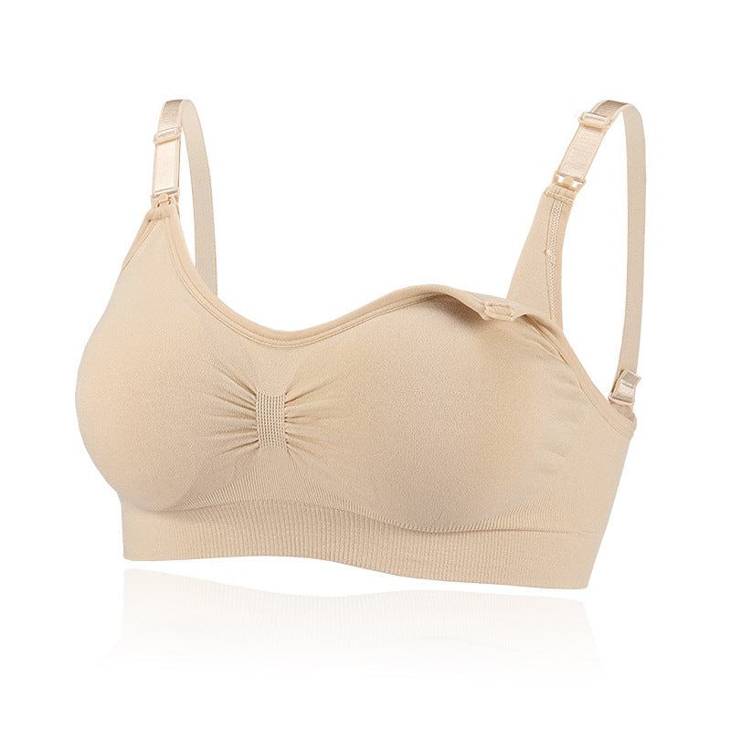 Unwired push up nursing bra in beige, seamless design, nylon fabric.