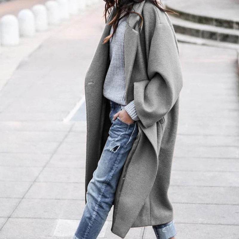 Casual Long Jacket With Pockets Solid Color Single Breasted Lapel Woolen Coat For Women Warm Winter Clothing - Fashion-booth
