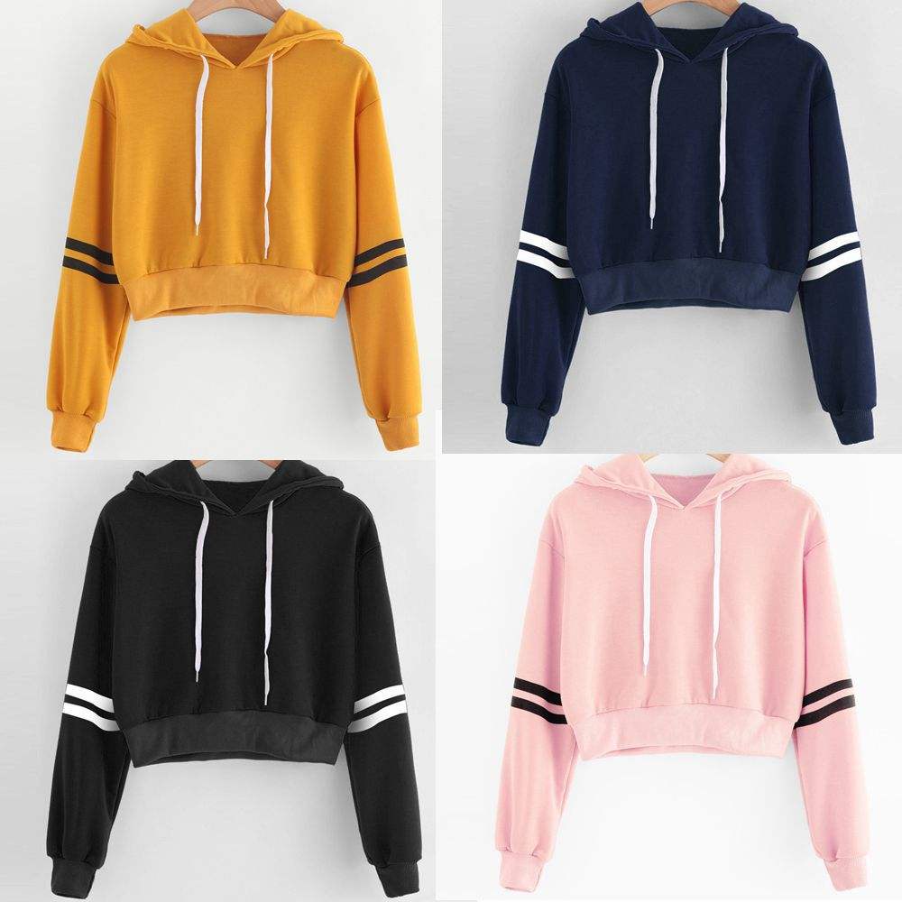 Striped printed long-sleeve cropped hooded sweatshirt Short T-shirt Striped printed long-sleeve cropped hooded sweatshirt Fashion-booth