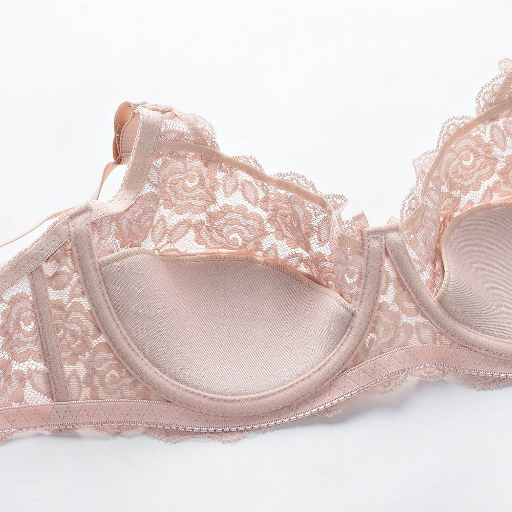 Lace bra with breathable design and spandex lining.