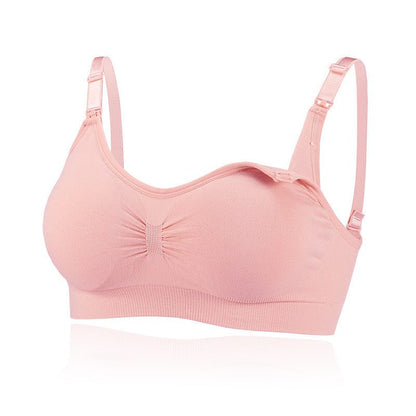 Pink seamless unwired push up nursing bra for pregnant women.